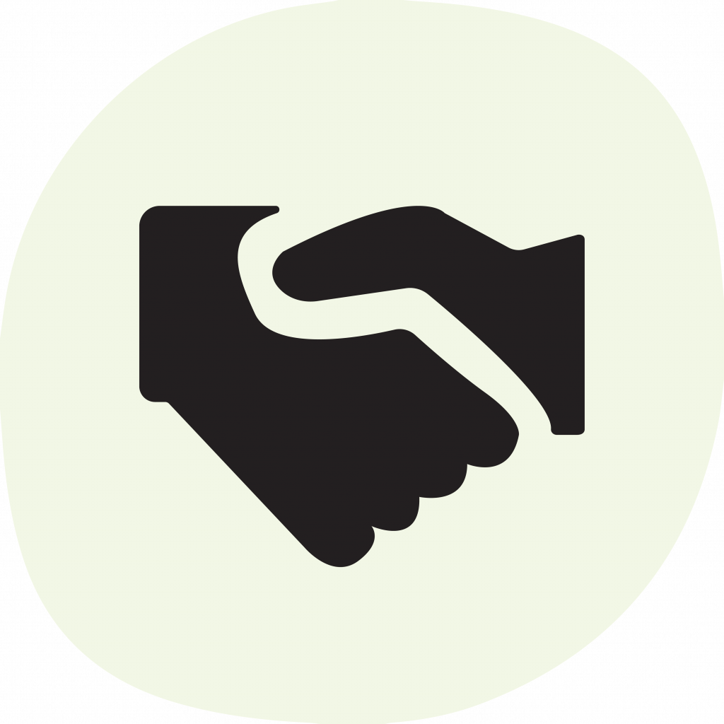 Hand shake icon on light green background.