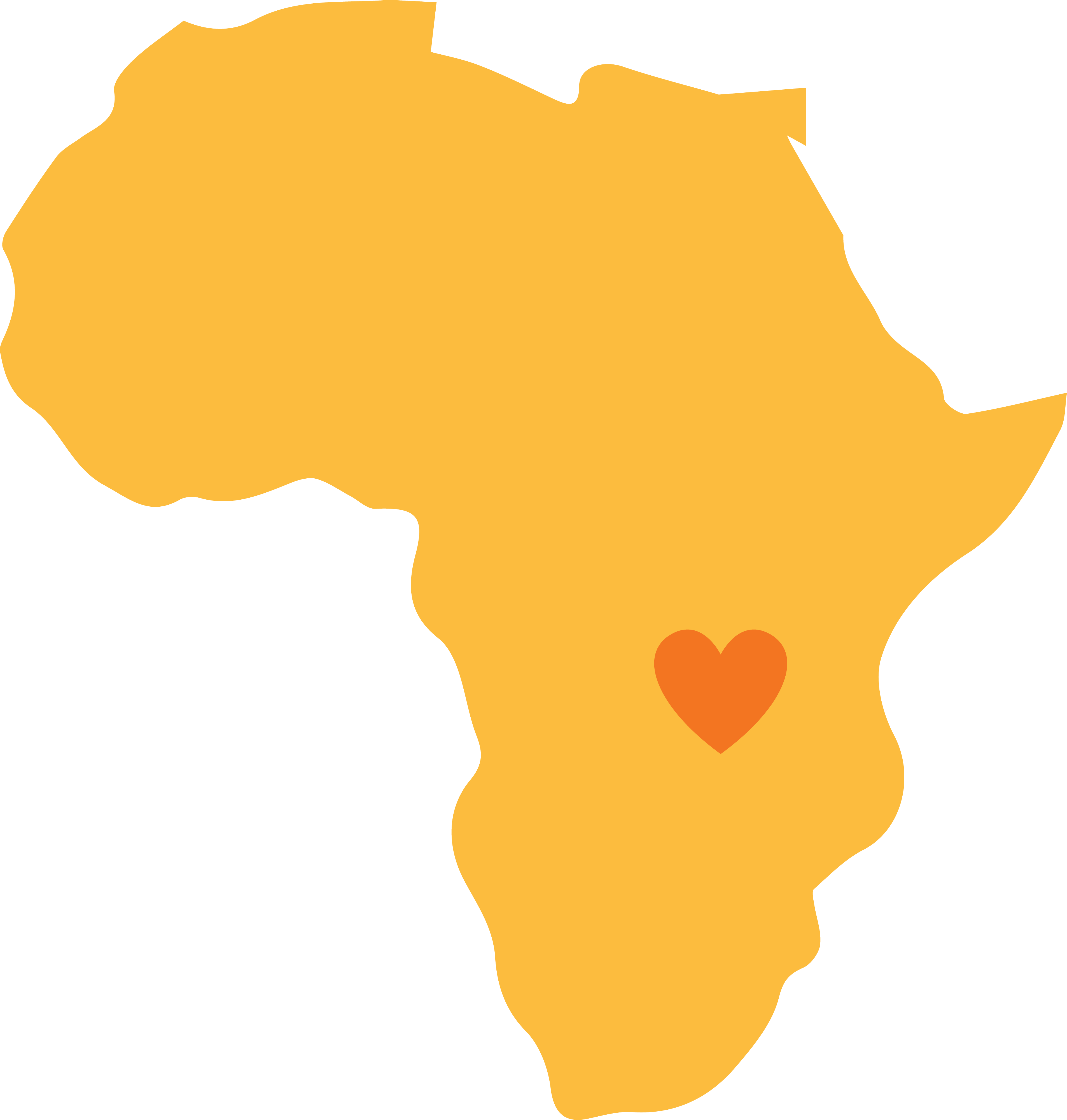 Yellow icon of Africa with an orange heart on Zambia.